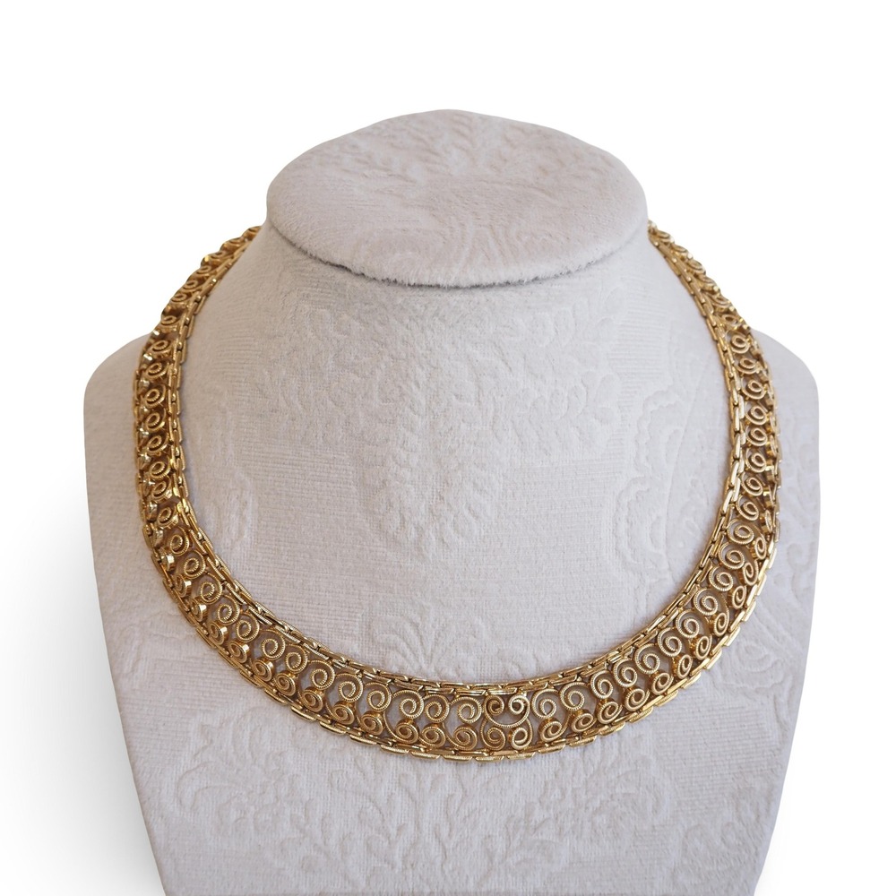 Vintage 1960s Monet Gold Tone Filigree Swirl Collar Choker Necklace Signed